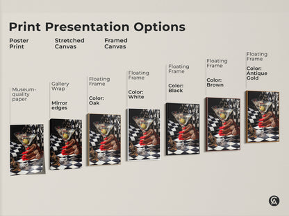 Print presentation options for martini art including poster print stretched canvas and framed canvas. Museum-quality paper gallery wrap and floating frame options in black brown oak antique gold and white. Glamorous art deco artwork with gold jewelry red nails and a black and white checkered background.
