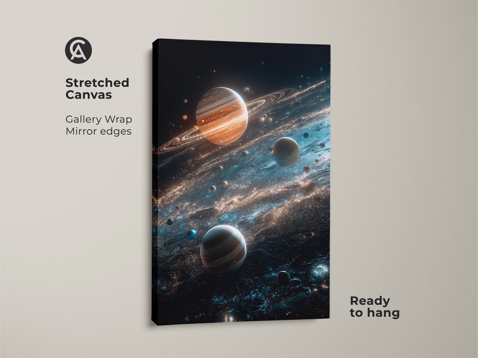 Stretched canvas print of planets and cosmic dust. The gallery wrap and mirror edges give it a clean contemporary look. Ready to hang this canvas planet art will enhance any space. Get yours today.