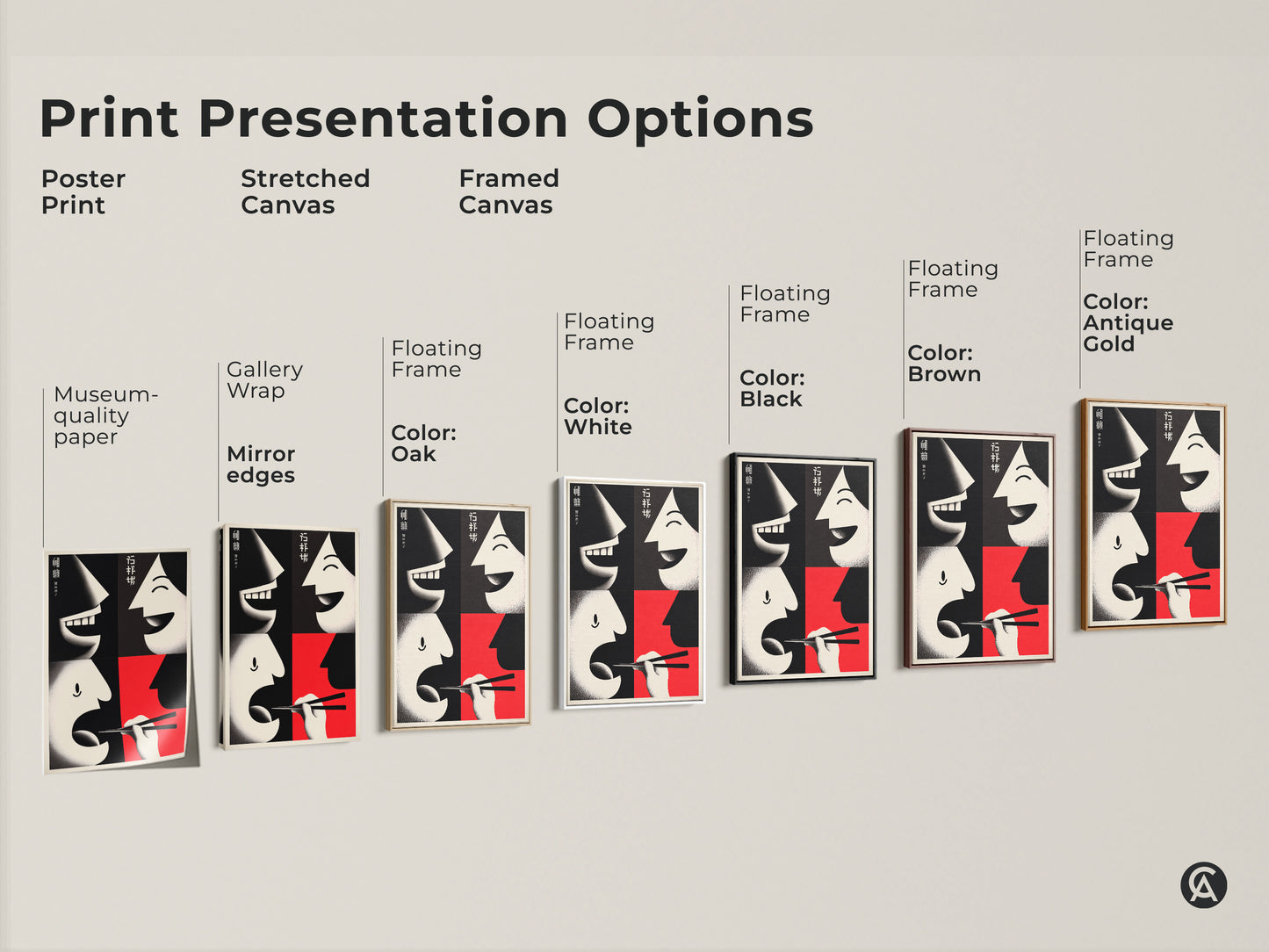 Explore print presentation options for Faces & Chopsticks Canvas. Choose from poster print stretched canvas and framed canvas. Floating frames are available in oak white black brown and antique gold. The museum-quality paper ensures lasting beauty.