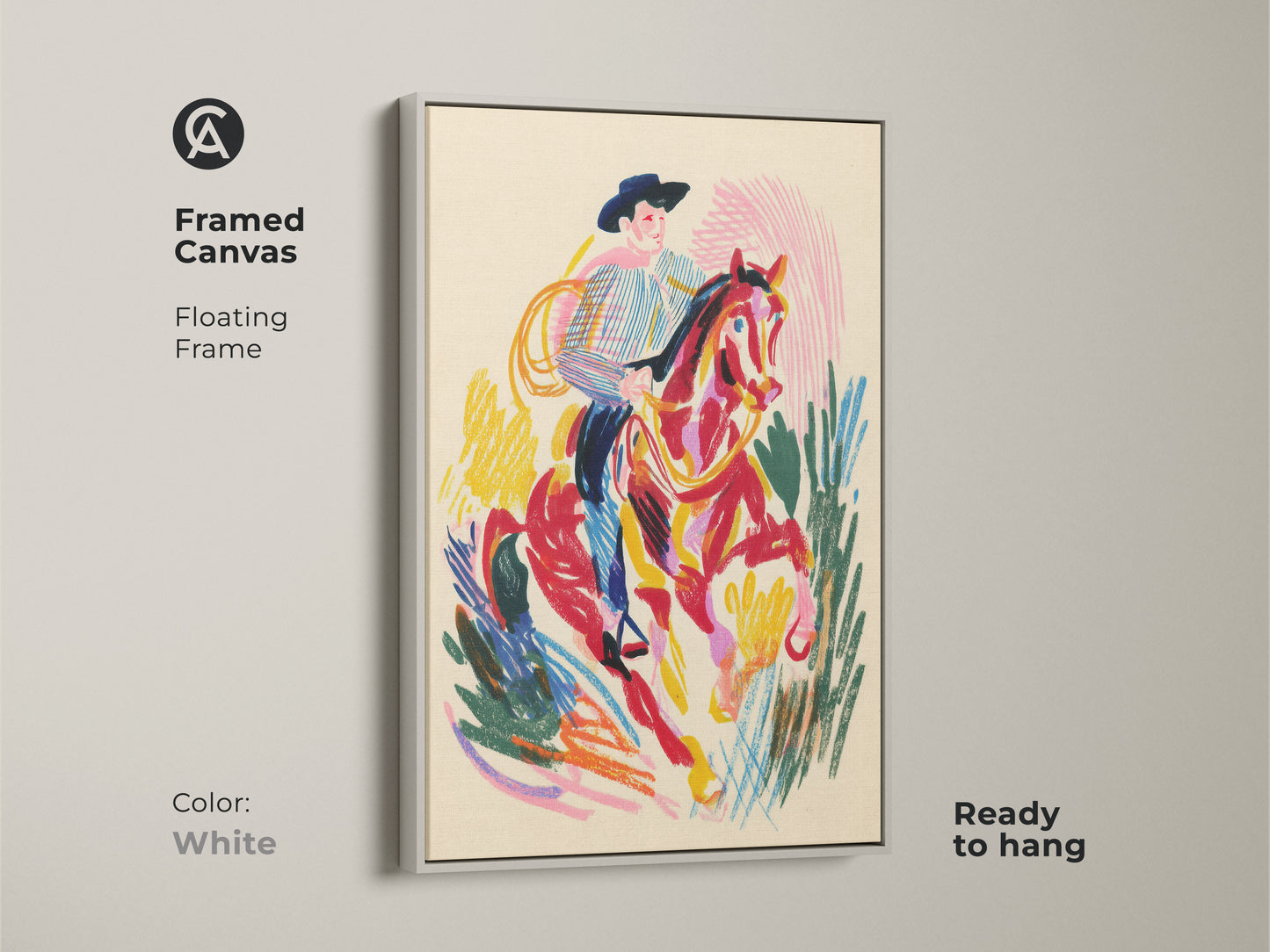 Framed canvas of a cowboy riding a horse with a white floating frame. This western rodeo wall decor is ready to hang. The art features an expressionism print with vibrant colors.