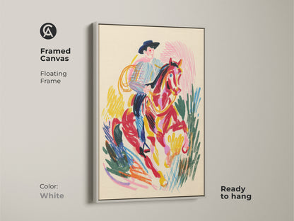 Framed canvas of a cowboy riding a horse with a white floating frame. This western rodeo wall decor is ready to hang. The art features an expressionism print with vibrant colors.