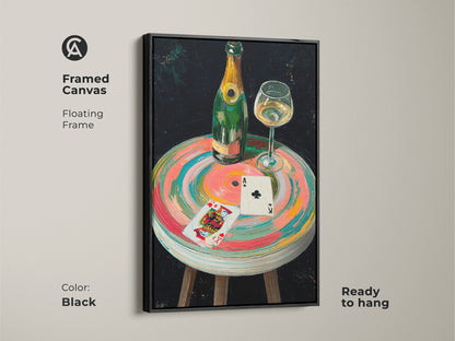 Framed Canvas showcasing the champagne and playing cards artwork with a black floating frame. This bar and game room decor is ready to hang. It's sophisticated art for man cave.
