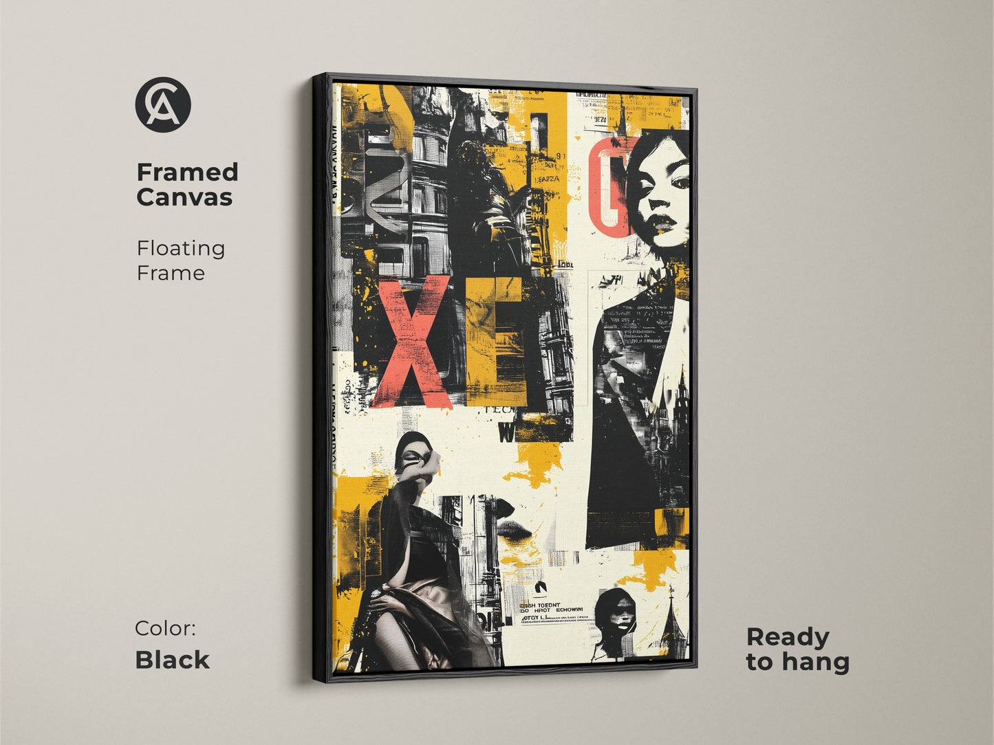 Framed Canvas Graffiti Woman Face Print. Floating frame in black enhances the urban collage art. Yellow black eclectic colors make it a modern statement piece. Ready to hang for instant style.