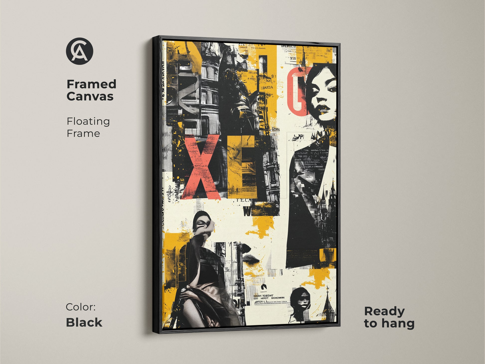 Framed Canvas Graffiti Woman Face Print. Floating frame in black enhances the urban collage art. Yellow black eclectic colors make it a modern statement piece. Ready to hang for instant style.