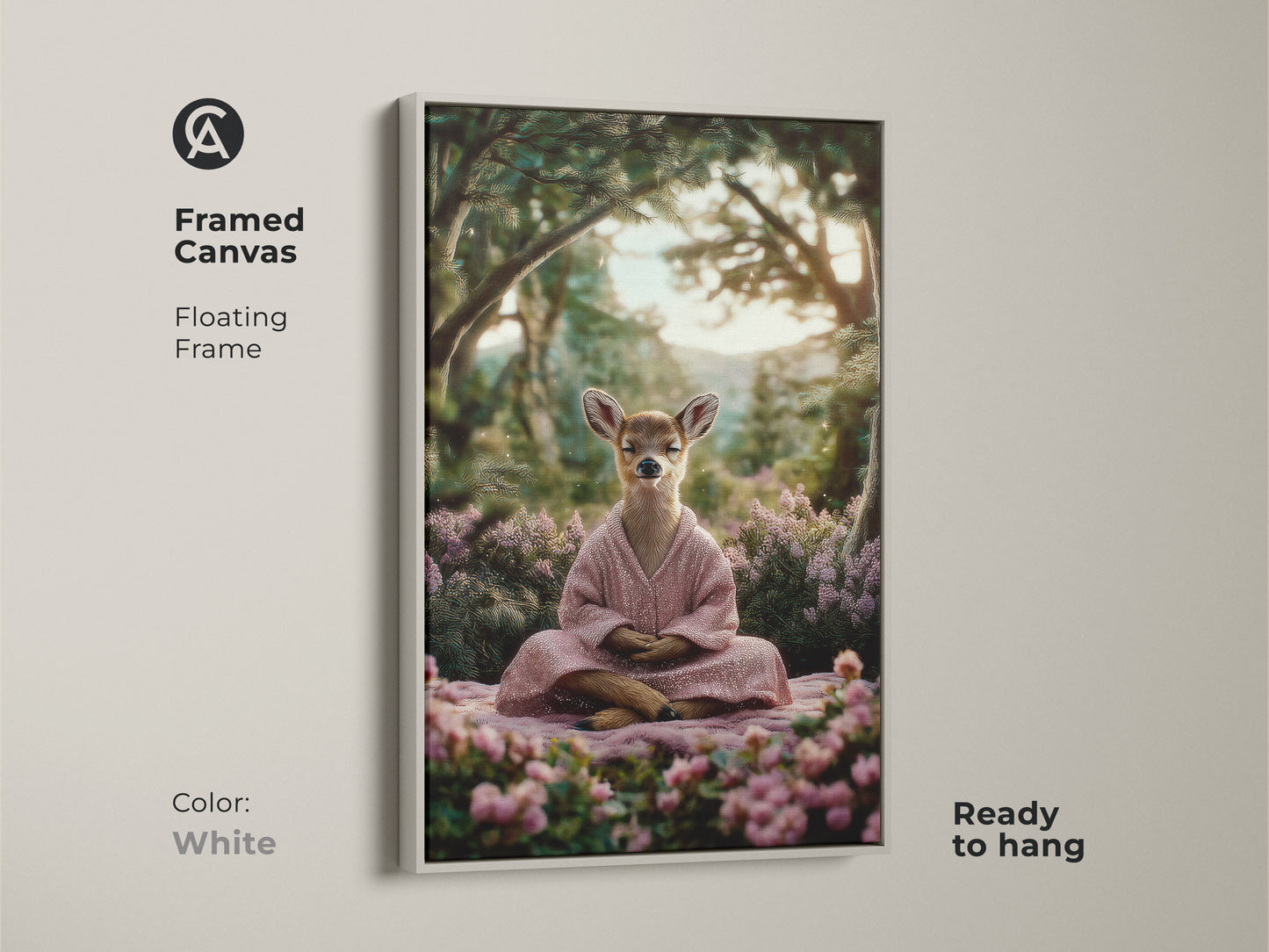 Framed animal yoga lover gift with a white floating frame. The spiritual nature canvas is ready to hang. The artwork offers a calming forest scene print that is perfect as nature inspired bedroom art.