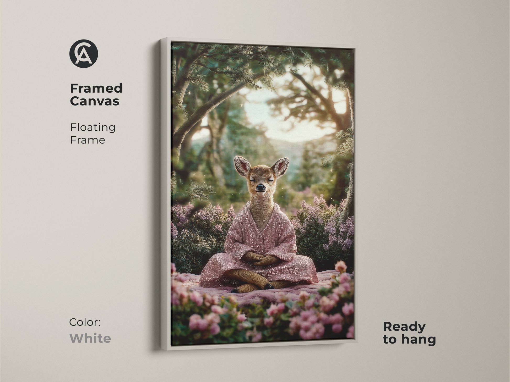 Framed animal yoga lover gift with a white floating frame. The spiritual nature canvas is ready to hang. The artwork offers a calming forest scene print that is perfect as nature inspired bedroom art.