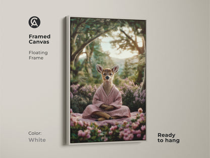 Framed animal yoga lover gift with a white floating frame. The spiritual nature canvas is ready to hang. The artwork offers a calming forest scene print that is perfect as nature inspired bedroom art.