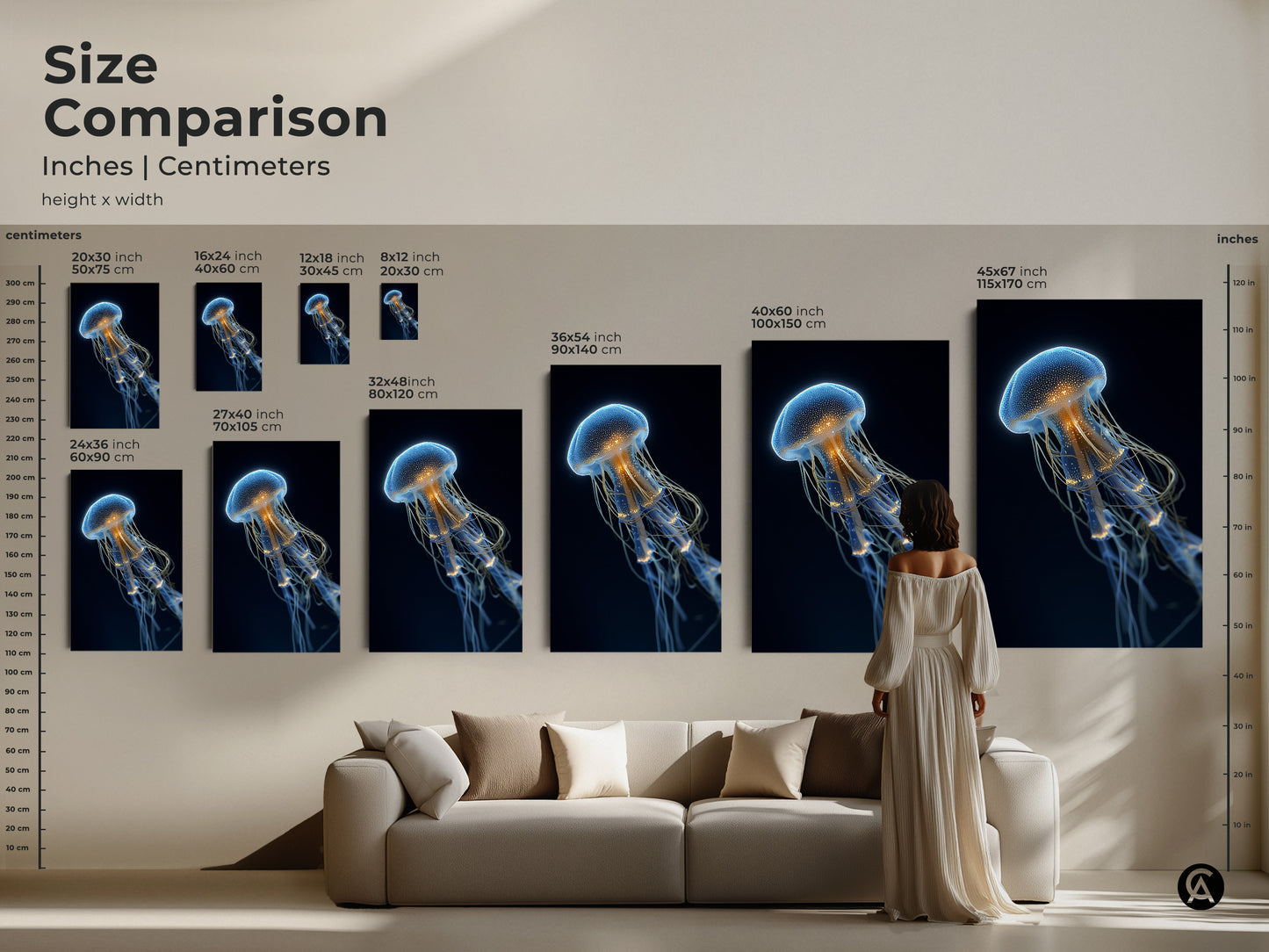 Compare sizes of electric blue jellyfish art in inches and centimeters. See how various dimensions fit above a sofa or alongside a person. Choose the perfect scale for your contemporary canvas art. Transform your space with this surreal marine artwork. It adds abstract beauty to your home.