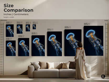 Compare sizes of electric blue jellyfish art in inches and centimeters. See how various dimensions fit above a sofa or alongside a person. Choose the perfect scale for your contemporary canvas art. Transform your space with this surreal marine artwork. It adds abstract beauty to your home.