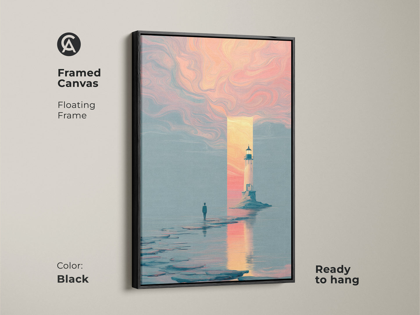 A framed canvas with a black floating frame displays surreal seascape artwork. The soft pink orange and blue abstract landscape colors evoke a dreamlike feel. This unique contemporary piece is ready to hang. It will transform any bedroom or office space.