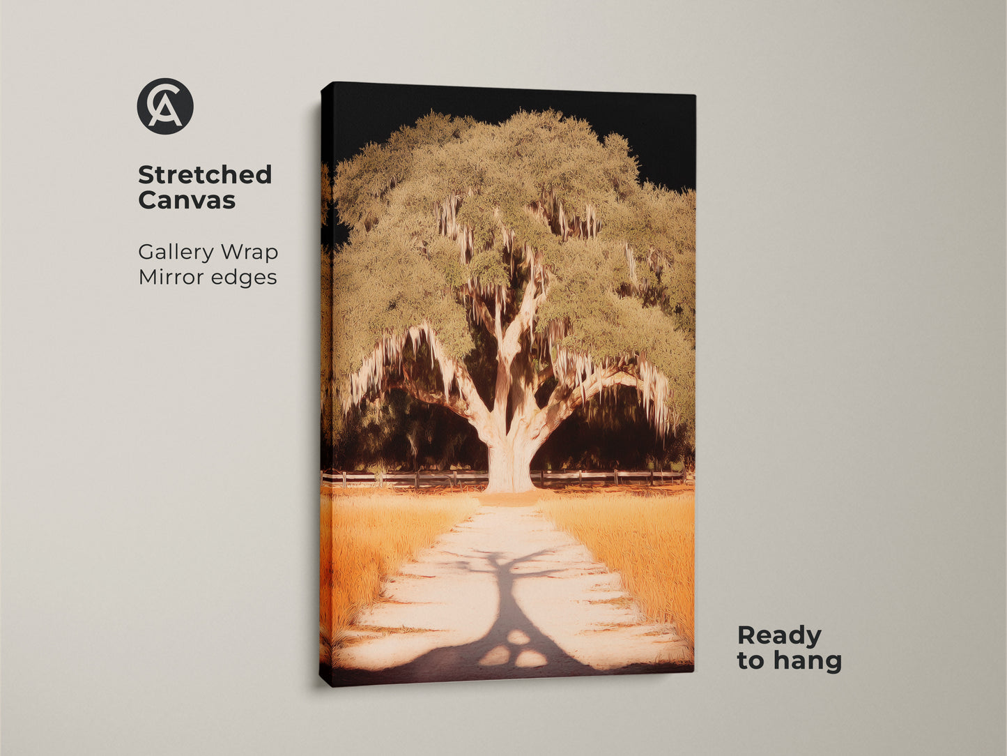 This canvas art features a stately tree a sunlit path. The gallery wrap and mirror edges give it a modern aesthetic. Ready to hang this artwork will add natural beauty to any room. Ideal decor for residential spaces.