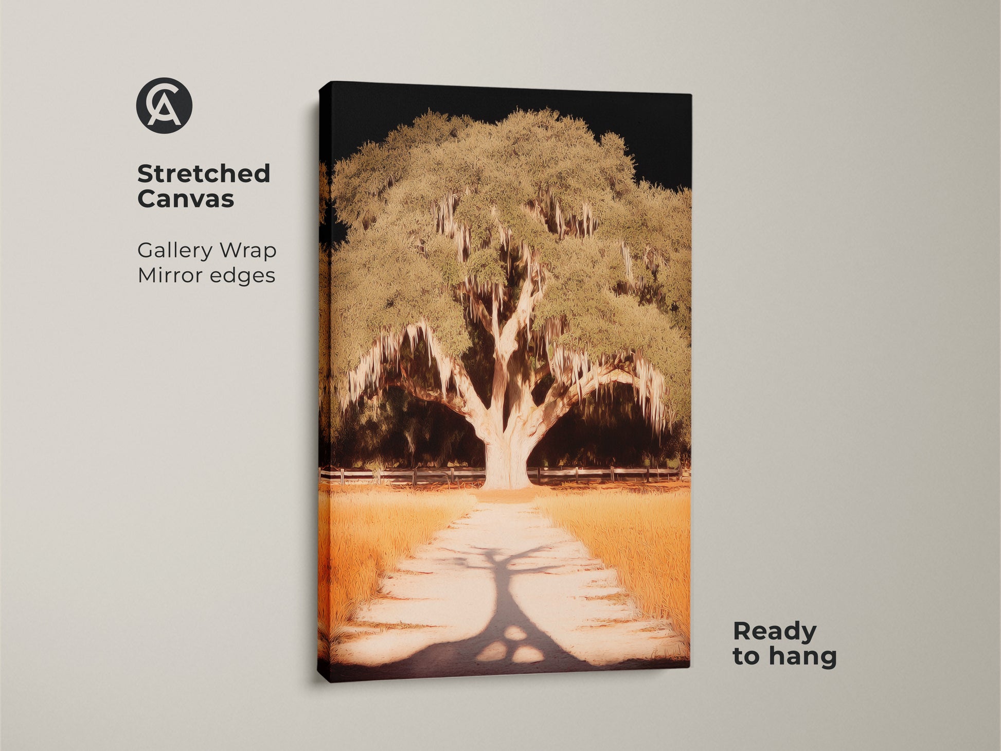 This canvas art features a stately tree a sunlit path. The gallery wrap and mirror edges give it a modern aesthetic. Ready to hang this artwork will add natural beauty to any room. Ideal decor for residential spaces.