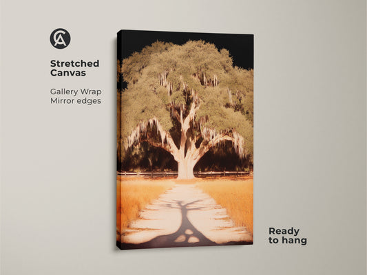 This canvas art features a stately tree a sunlit path. The gallery wrap and mirror edges give it a modern aesthetic. Ready to hang this artwork will add natural beauty to any room. Ideal decor for residential spaces.