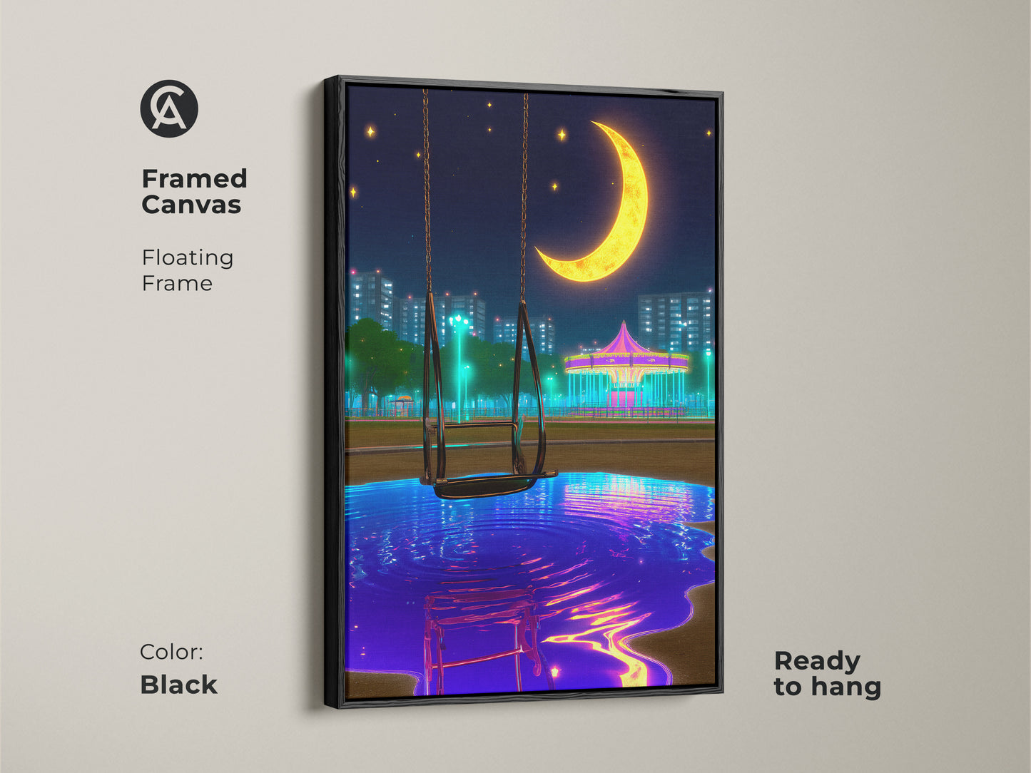 Framed canvas art with a floating frame showcasing a surreal nightscape. This ready-to-hang artwork displays a crescent moon carousel in a vaporwave style. Ideal for eclectic bedroom decor the blue yellow and purple hues add a dreamy modern touch perfect for anime fans.