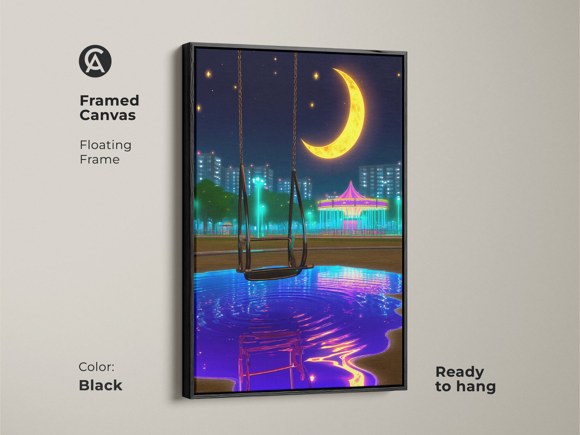 Framed canvas art with a floating frame showcasing a surreal nightscape. This ready-to-hang artwork displays a crescent moon carousel in a vaporwave style. Ideal for eclectic bedroom decor the blue yellow and purple hues add a dreamy modern touch perfect for anime fans.