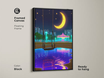 Framed canvas art with a floating frame showcasing a surreal nightscape. This ready-to-hang artwork displays a crescent moon carousel in a vaporwave style. Ideal for eclectic bedroom decor the blue yellow and purple hues add a dreamy modern touch perfect for anime fans.