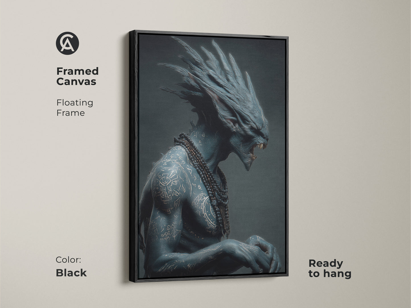 This framed canvas features a floating frame. It showcases a blue alien warrior with elaborate tattoos and a beaded necklace. The black frame enhances the artwork's depth. It is ready to hang bringing sci-fi art to your walls.