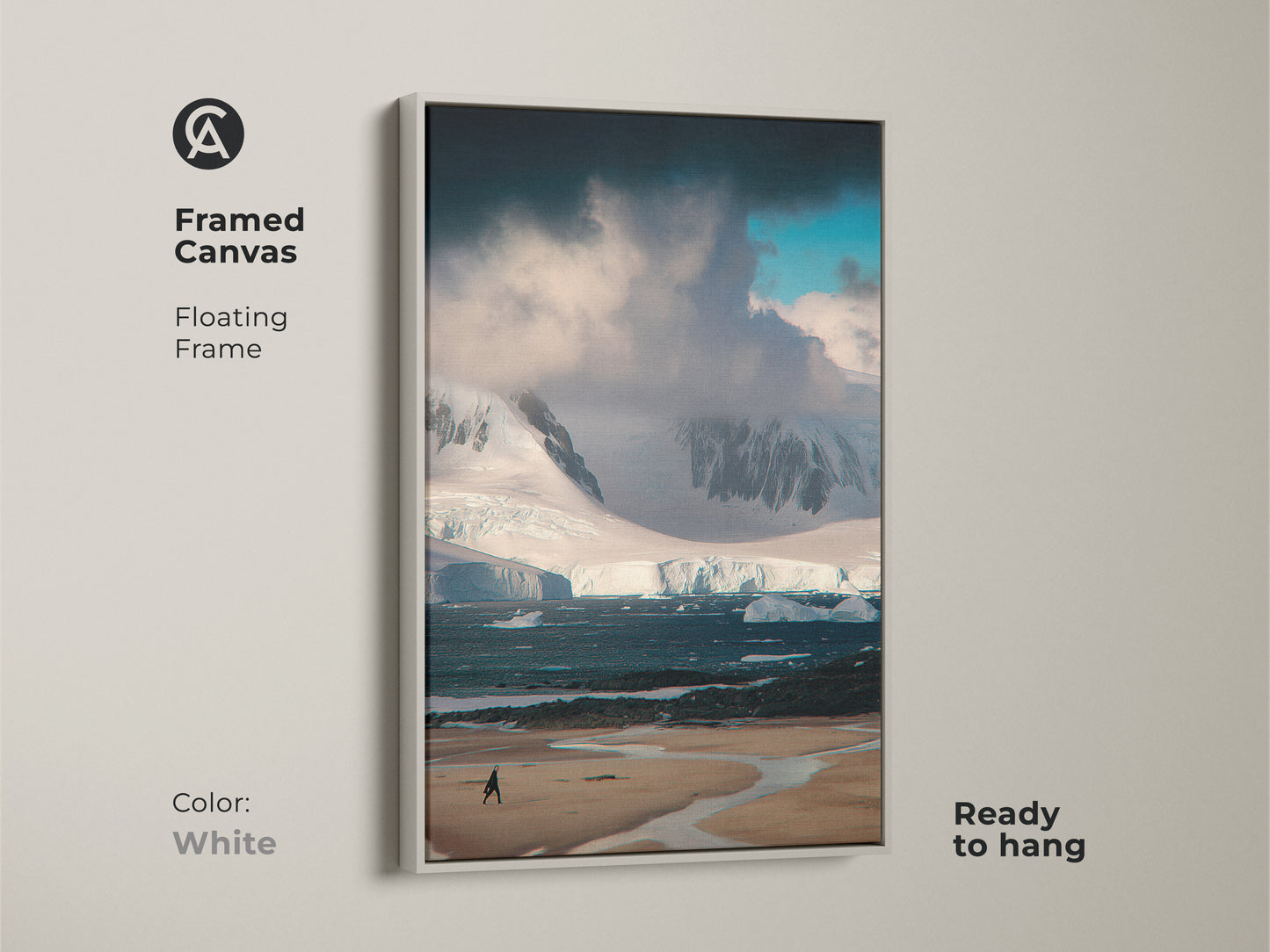 White framed canvas featuring minimalist Antarctica iceberg wall art. A travel photography print. The blue and white nature artwork makes a great gift for outdoor enthusiasts. Ready to hang