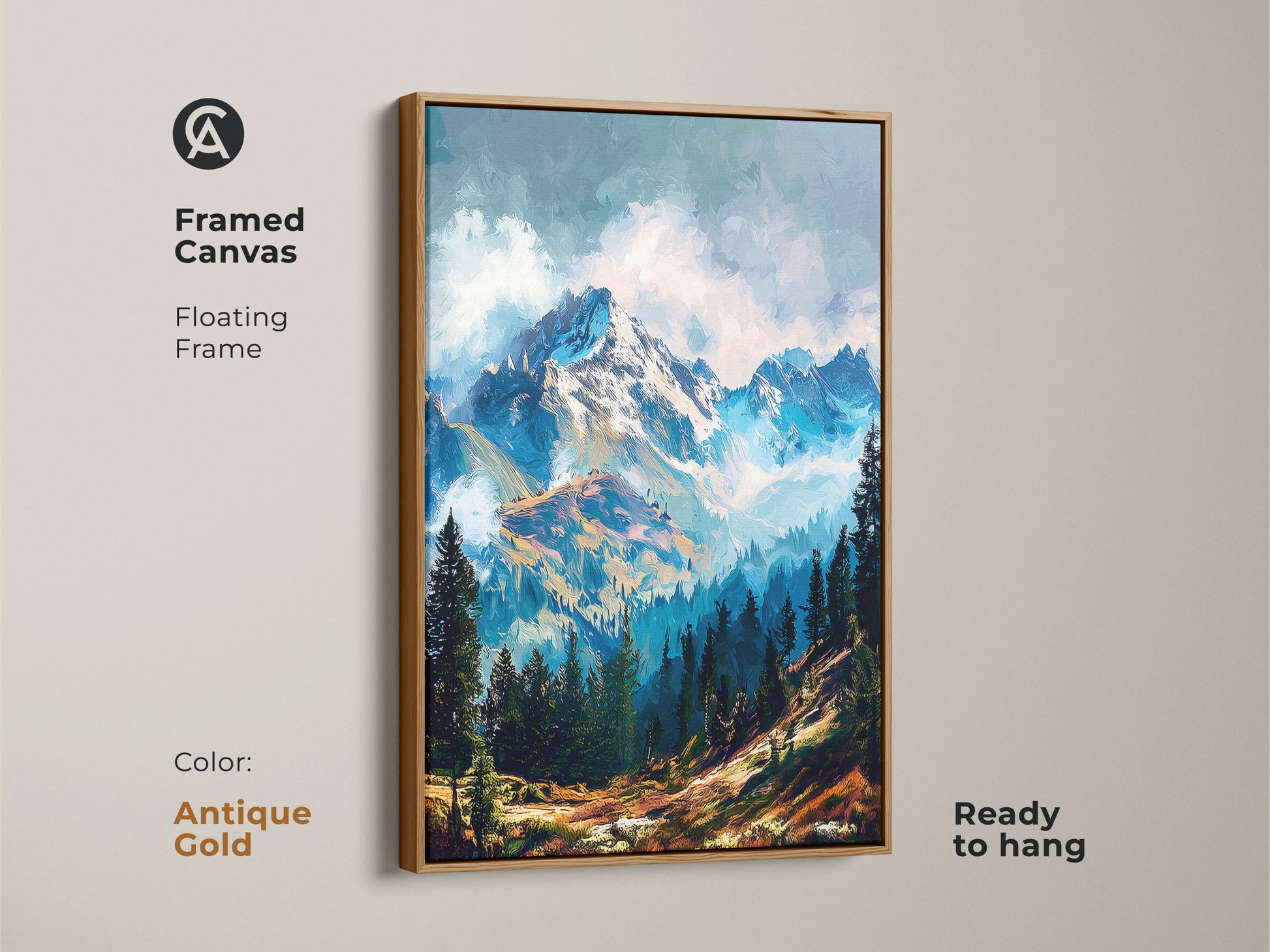 Add a touch of sophistication to your walls with this framed canvas mountain artwork in antique gold. The floating frame adds a luxurious touch. The artwork showcases a majestic mountain scene. It is ready to hang and admire.
