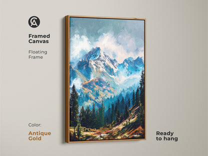 Add a touch of sophistication to your walls with this framed canvas mountain artwork in antique gold. The floating frame adds a luxurious touch. The artwork showcases a majestic mountain scene. It is ready to hang and admire.
