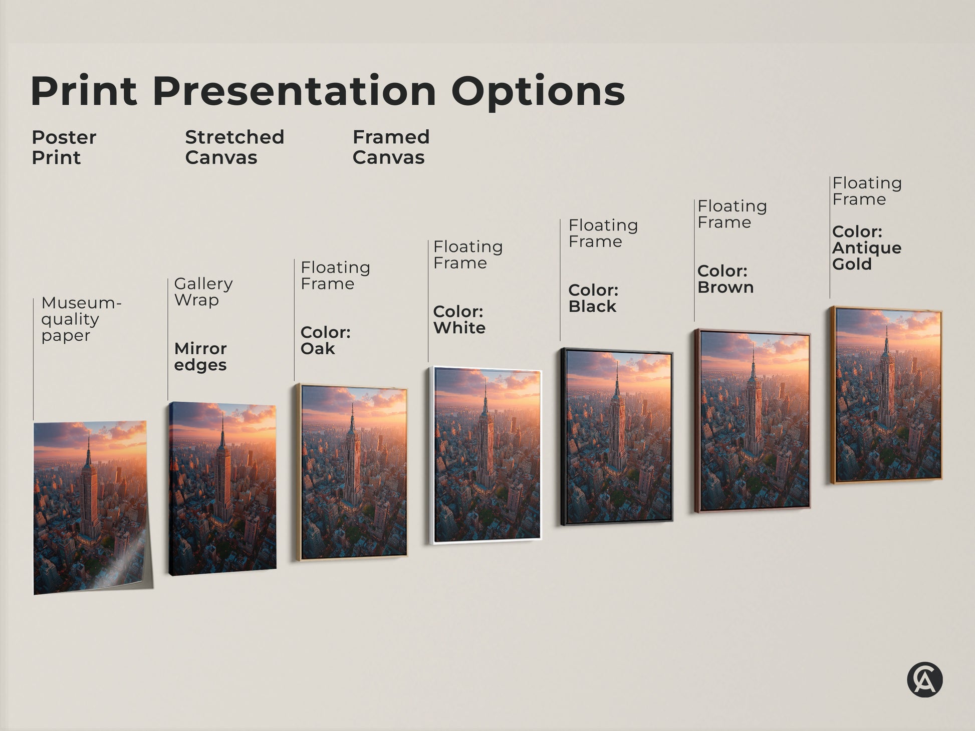 Explore various print options for this golden hour NYC artwork. From poster to stretched canvas to framed art discover the perfect style. Each option highlights the Empire State Building and its stunning cityscape. These include museum-quality paper and floating frames.