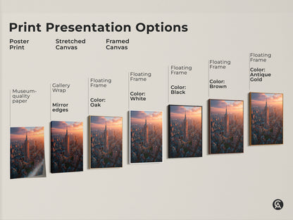 Explore various print options for this golden hour NYC artwork. From poster to stretched canvas to framed art discover the perfect style. Each option highlights the Empire State Building and its stunning cityscape. These include museum-quality paper and floating frames.