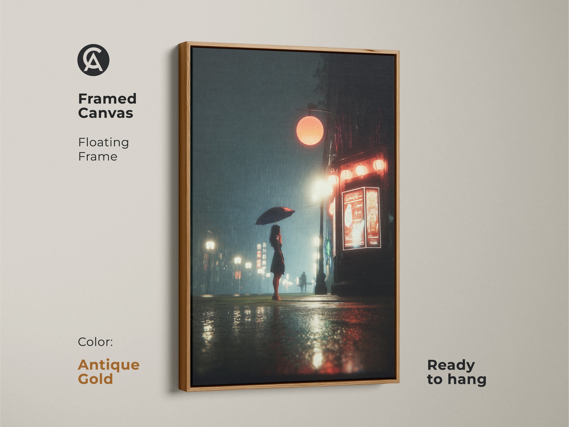 Framed canvas with an antique gold floating frame. The artwork shows a rainy city night scene. A woman with an umbrella is featured in the artwork. Ideal for adding a sophisticated touch to your entryway or living space. Ready to hang.