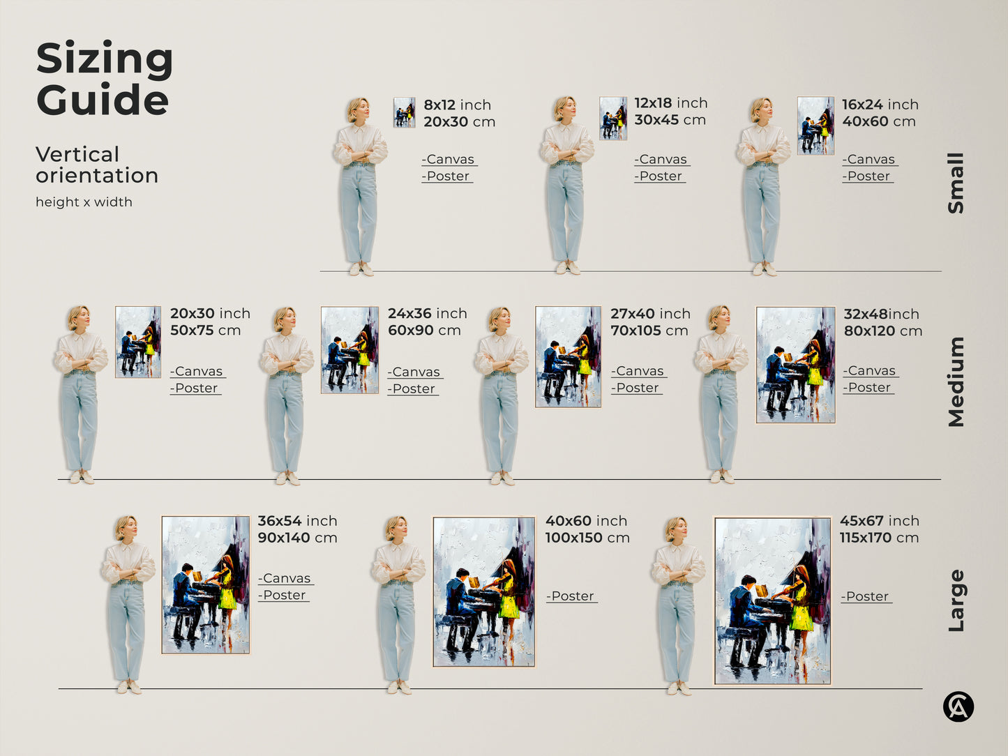 Explore our sizing guide for impressionist piano artwork featuring a violinist on canvas and poster. Find the perfect size for blue green music art with contemporary figures. Our modern musical artwork makes an ideal housewarming music gift. Elevate your study or office.