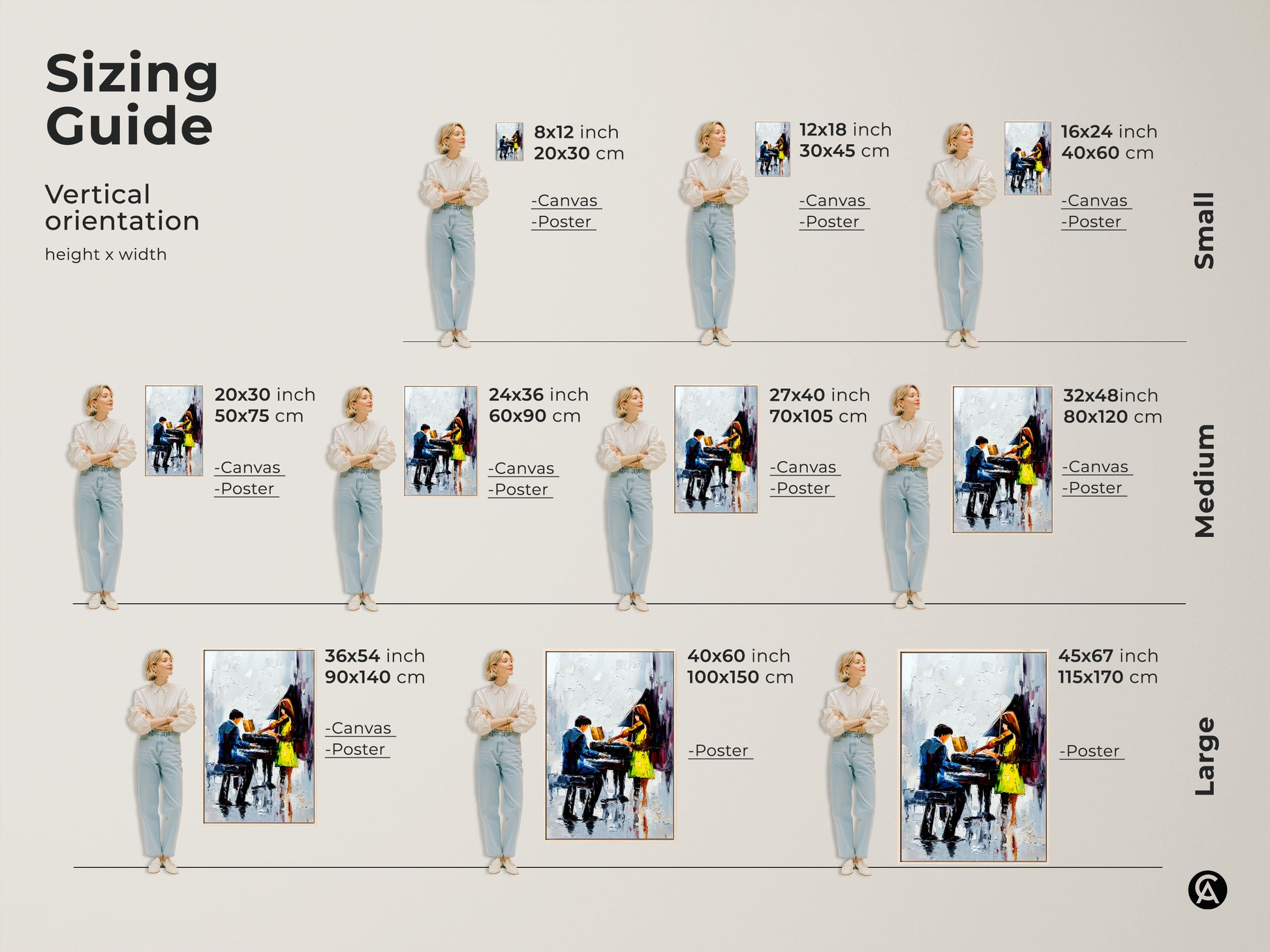 Explore our sizing guide for impressionist piano artwork featuring a violinist on canvas and poster. Find the perfect size for blue green music art with contemporary figures. Our modern musical artwork makes an ideal housewarming music gift. Elevate your study or office.