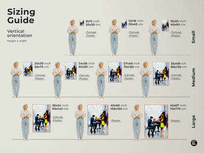 Explore our sizing guide for impressionist piano artwork featuring a violinist on canvas and poster. Find the perfect size for blue green music art with contemporary figures. Our modern musical artwork makes an ideal housewarming music gift. Elevate your study or office.