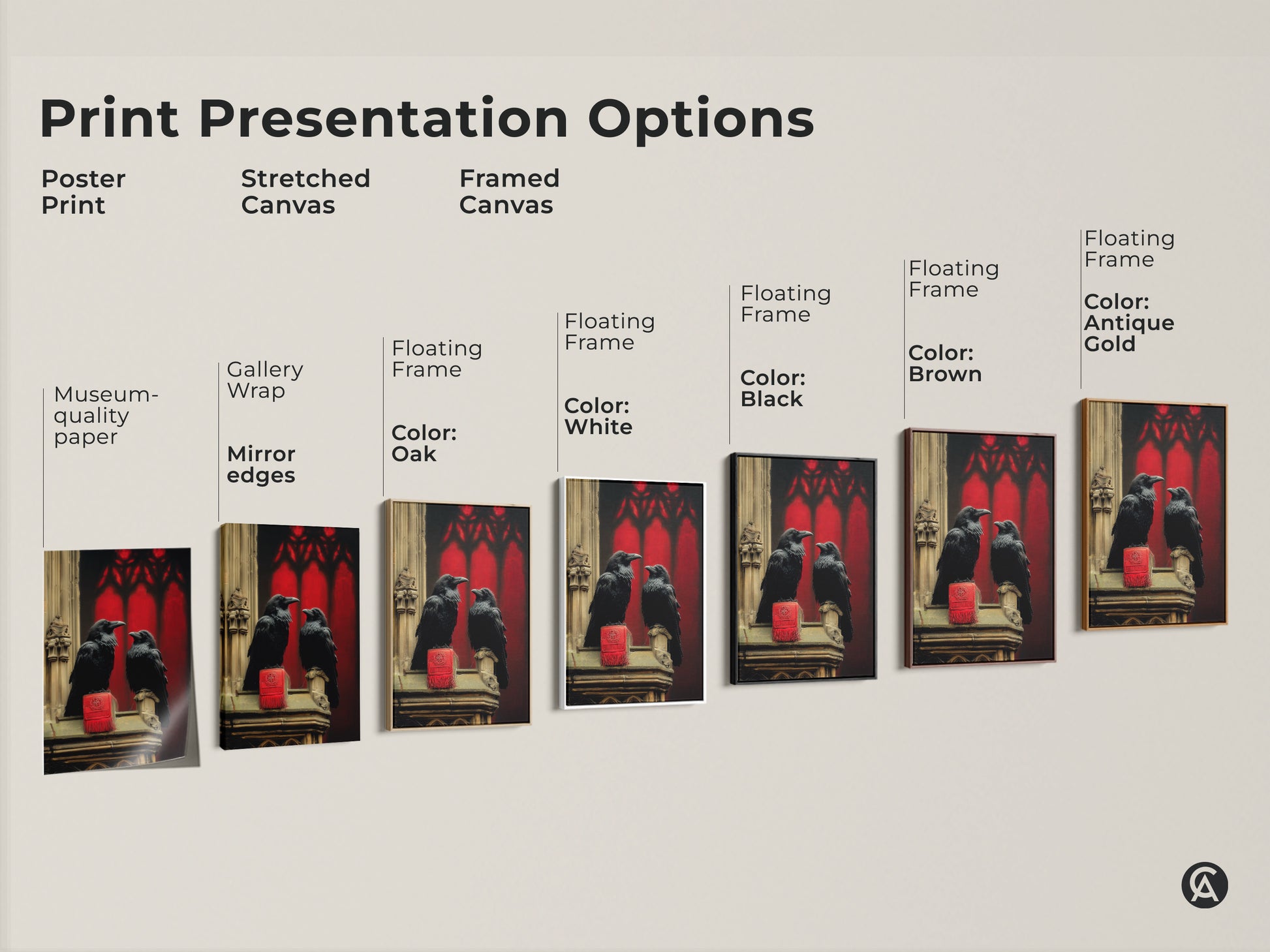 Print presentation options for Gothic Arch Raven artwork. Choose from poster print stretched canvas and framed canvas. Available with gallery wrap mirror edges and various floating frame colors.