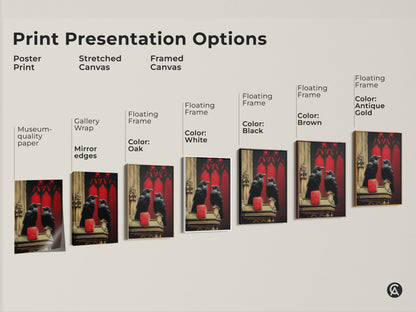Print presentation options for Gothic Arch Raven artwork. Choose from poster print stretched canvas and framed canvas. Available with gallery wrap mirror edges and various floating frame colors.