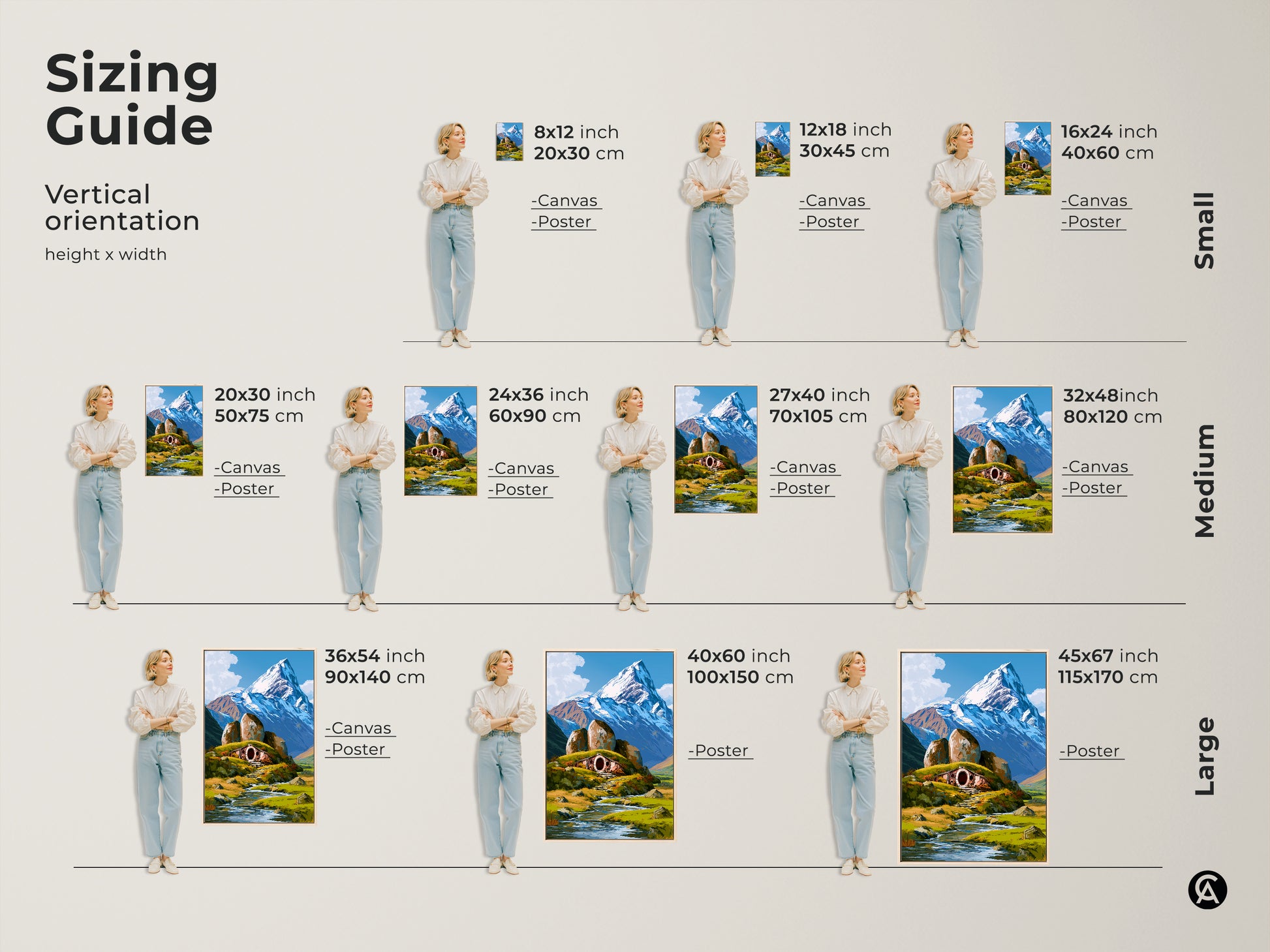 Sizing guide for fantasy hobbit hole art prints. See how the snowy mountain landscape canvas looks in various sizes. Find the perfect fit for your space. Available as a poster or canvas print.