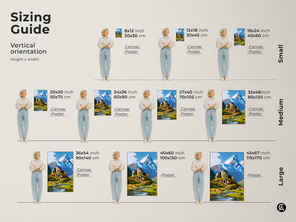 Sizing guide for fantasy hobbit hole art prints. See how the snowy mountain landscape canvas looks in various sizes. Find the perfect fit for your space. Available as a poster or canvas print.