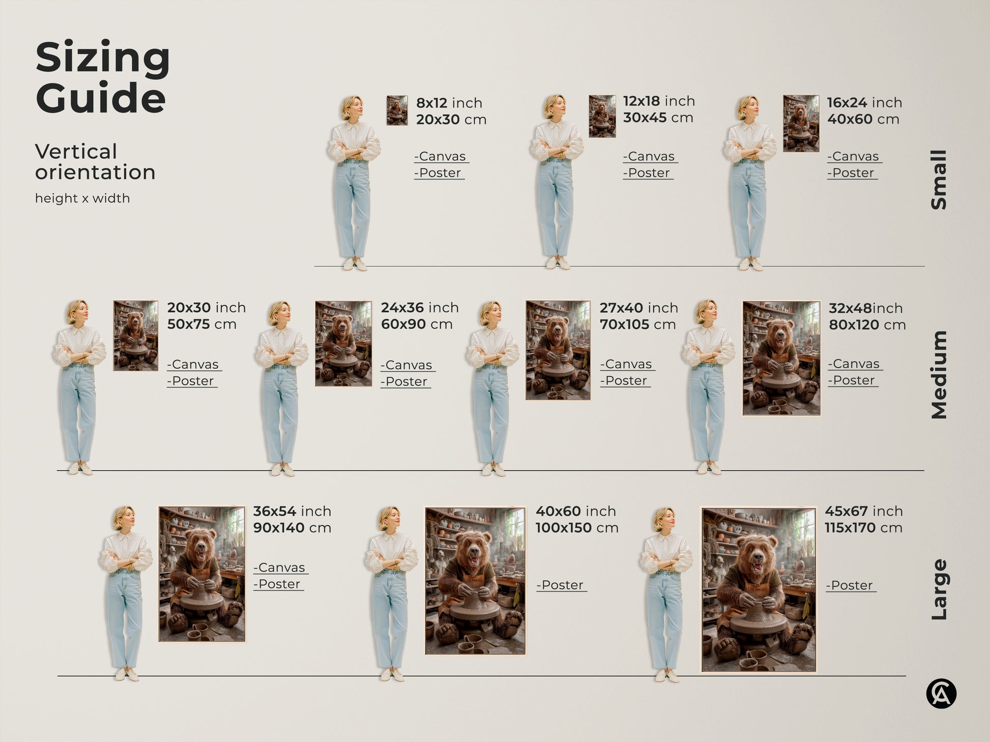 Sizing guide for bear pottery wheel art print. Vertical orientation with various height and width options. Available as canvas or poster prints. Choose the perfect size for your space small medium or large. Find the ideal fit for your decor.
