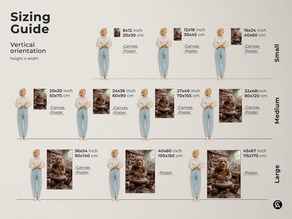 Sizing guide for bear pottery wheel art print. Vertical orientation with various height and width options. Available as canvas or poster prints. Choose the perfect size for your space small medium or large. Find the ideal fit for your decor.