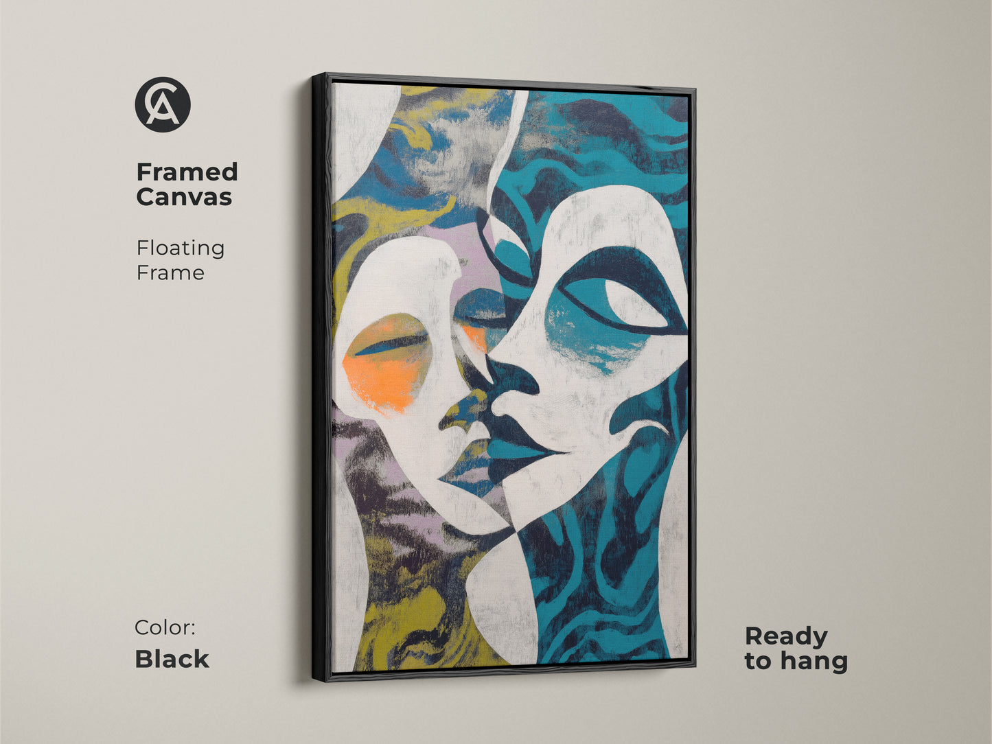 Detailed view of the teal figurative art in an abstract face canvas print. The blue abstract painting adds a modern touch to any room. This white teal wall art makes a perfect art lover present.
