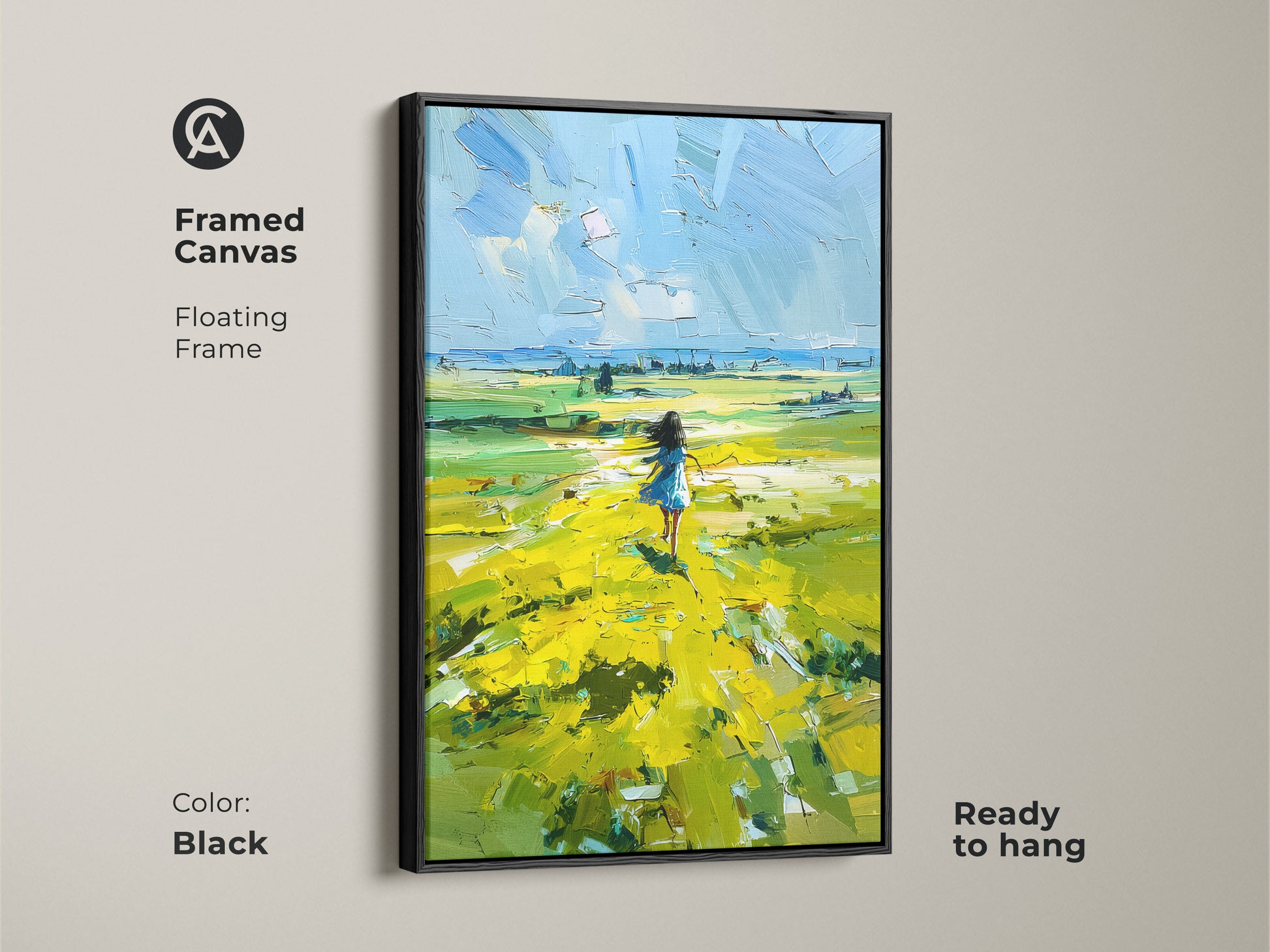 Black Framed Canvas featuring a Girl in a Yellow Field. This floating frame enhances the impressionist landscape. It is ready to hang and brings a touch of nature indoors. The vibrant meadow print is perfect for a bedroom or living space. A beautiful piece of residential wall art.