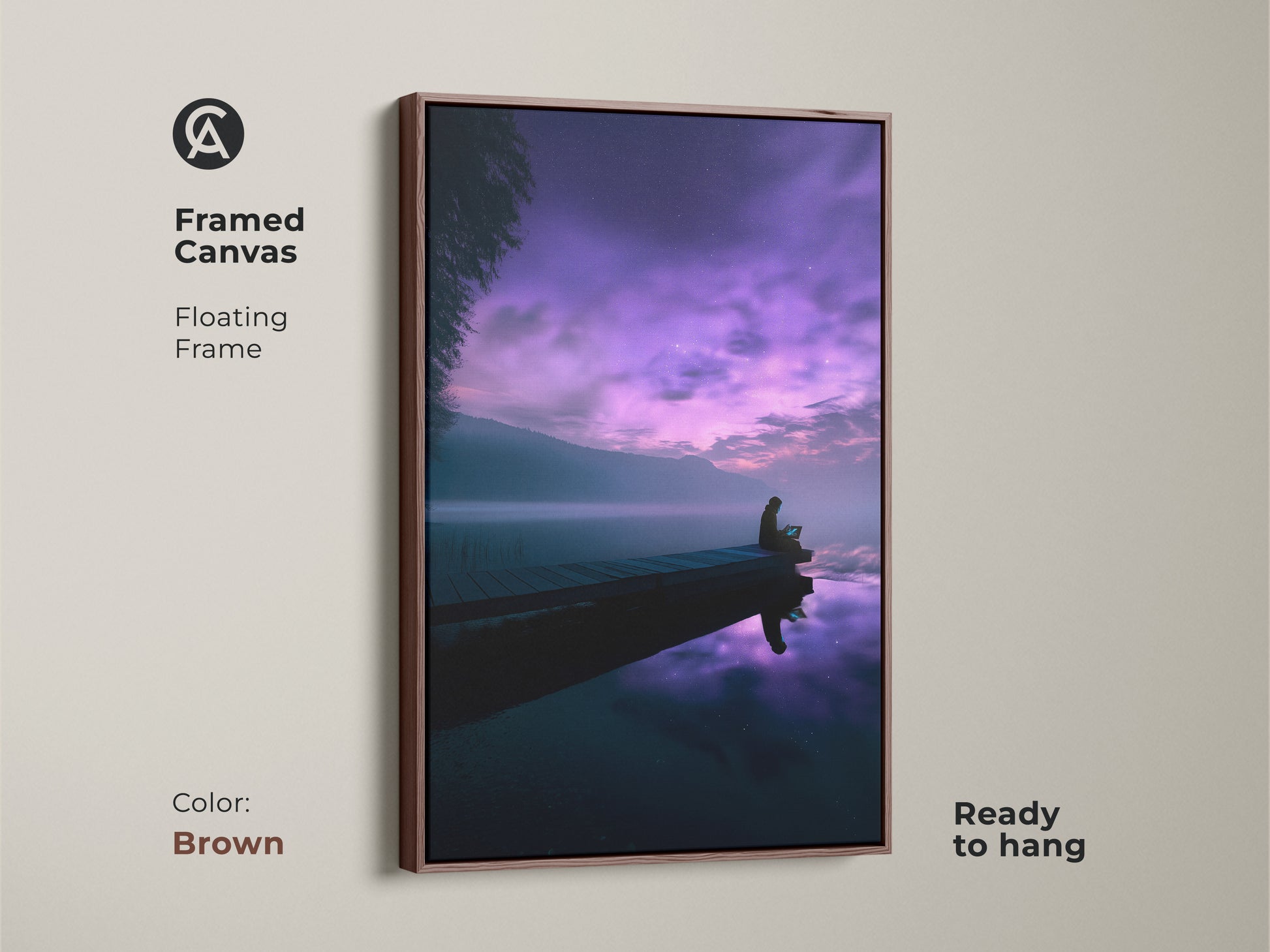 Framed surreal lake canvas artwork showcasing a violet night sky and a seated figure on a dock. This dreamy landscape poster with a modern minimalist aesthetic is ready to hang. A unique travel gift idea.