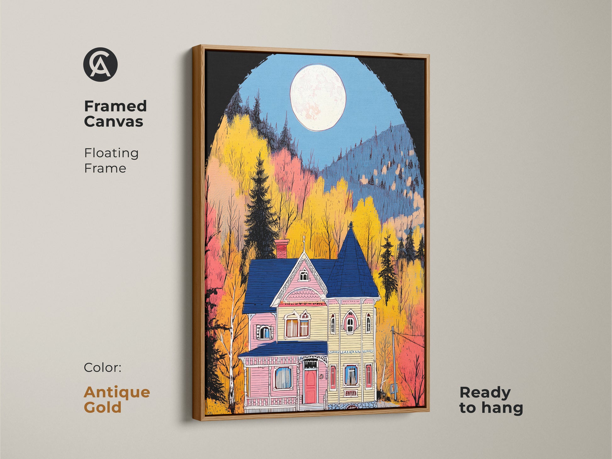 Framed canvas art displaying a Victorian house under a full moon. This folk art print features a floating antique gold frame adding a elegant touch. Ready to hang this artwork creates a cozy eclectic home environment.