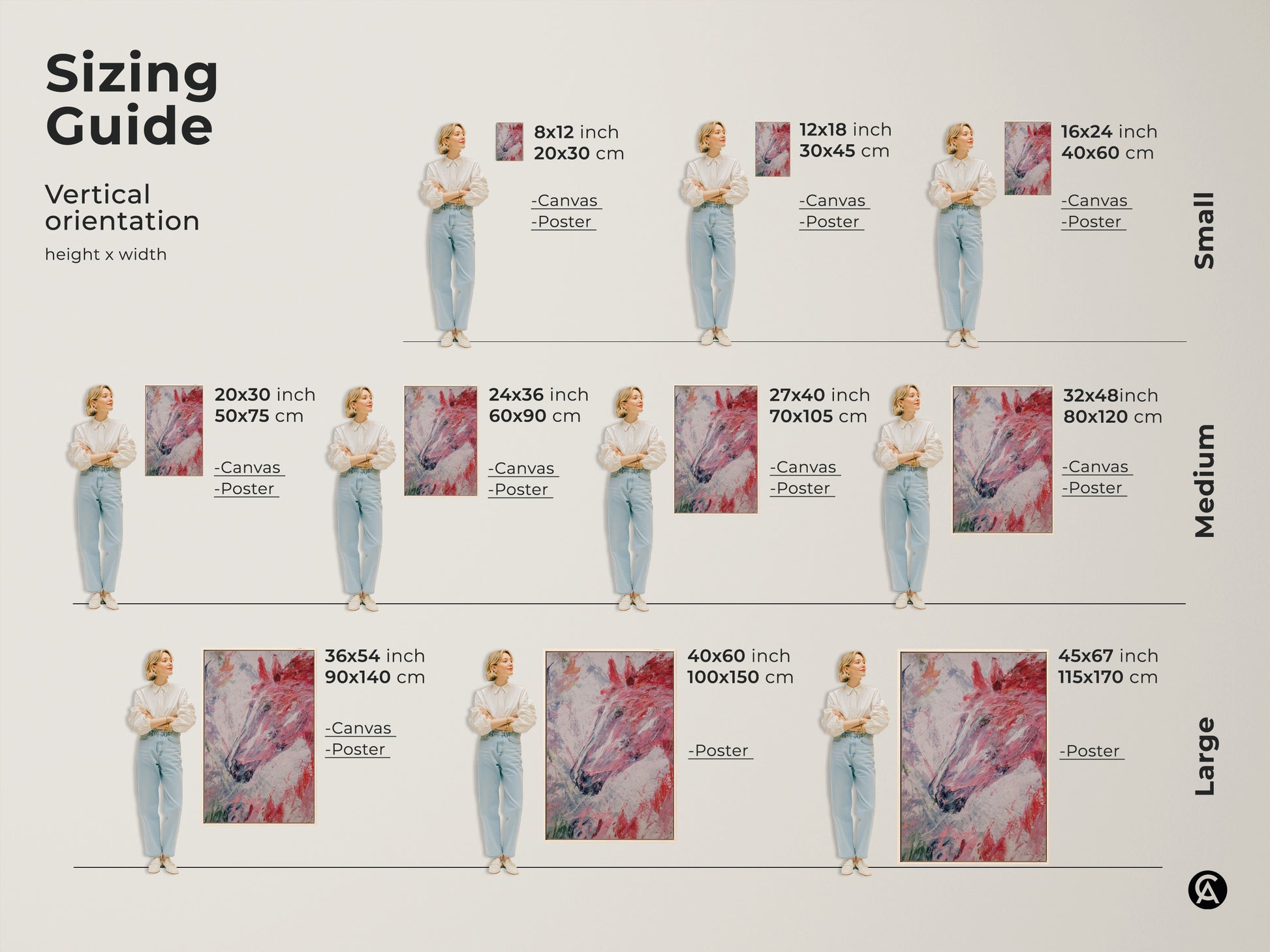 Sizing guide for vertical abstract horse head canvas and poster prints. Available sizes range from small to large. The artwork features energetic brush strokes in pink red and white. Visualize how the modern equestrian art fits in your space. Perfect for adding a contemporary touch.