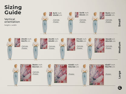 Sizing guide for vertical abstract horse head canvas and poster prints. Available sizes range from small to large. The artwork features energetic brush strokes in pink red and white. Visualize how the modern equestrian art fits in your space. Perfect for adding a contemporary touch.