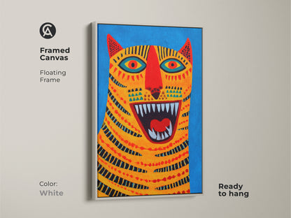 Framed Canvas Abstract Tiger Face Art in White Frame. This colorful animal canvas print has a floating frame. The ready to hang tiger art will bring a bold yet whimsical energy to any bedroom or living space. This artistic animal portrait makes a great gift.