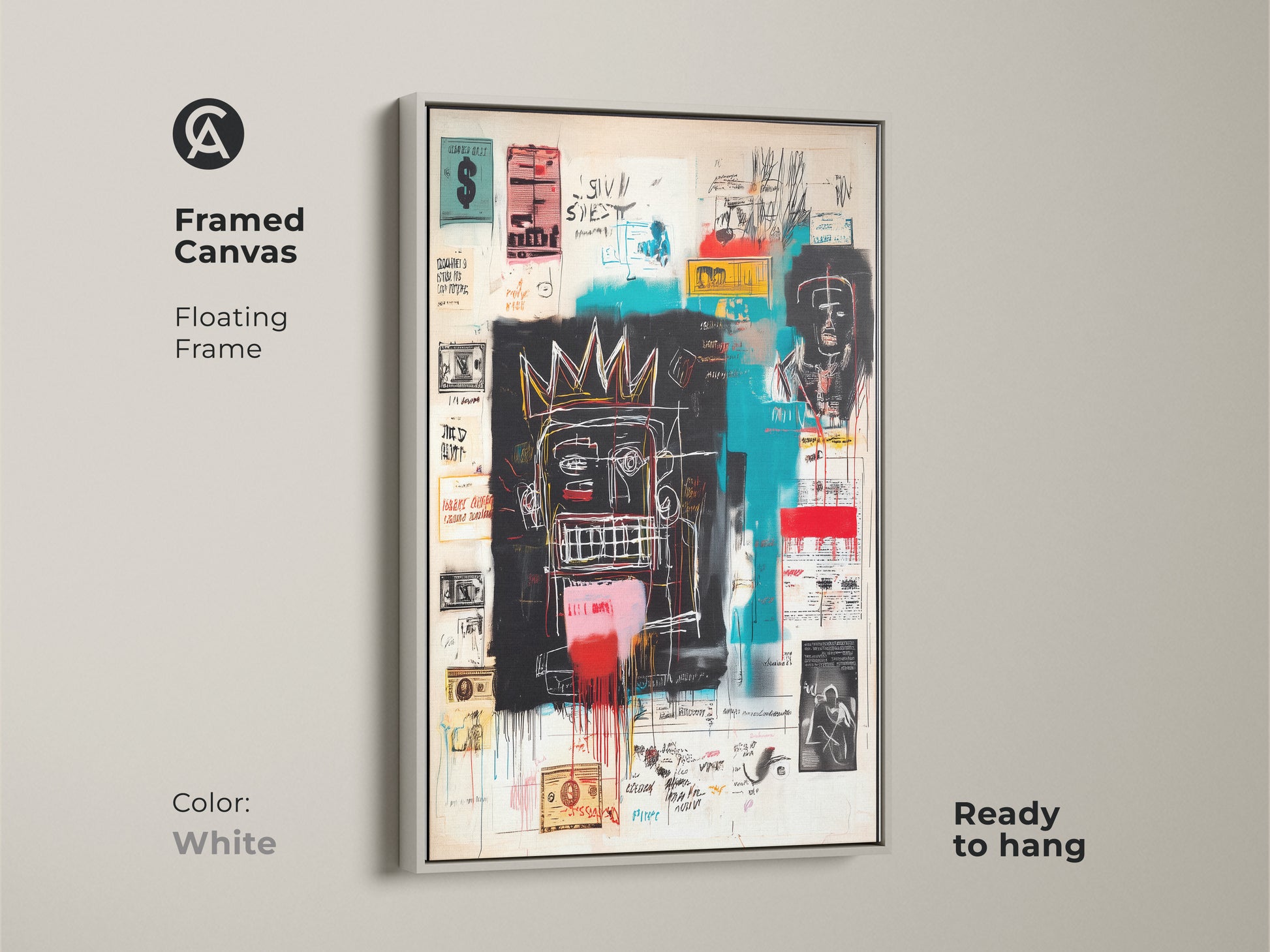 Basquiat style artwork on a framed canvas with a white floating frame. The art is ready to hang. The white frame complements the artwork's vibrant colors. The artwork has bold lines and intricate details. Perfect for a modern and clean aesthetic.