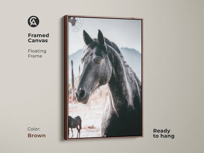 Brown framed canvas featuring a photorealistic horse. The floating frame enhances the rustic wildlife art. Ready to hang it brings animal photography and equestrian style to any space. A great gift for horse lovers this artwork adds a touch of nature.