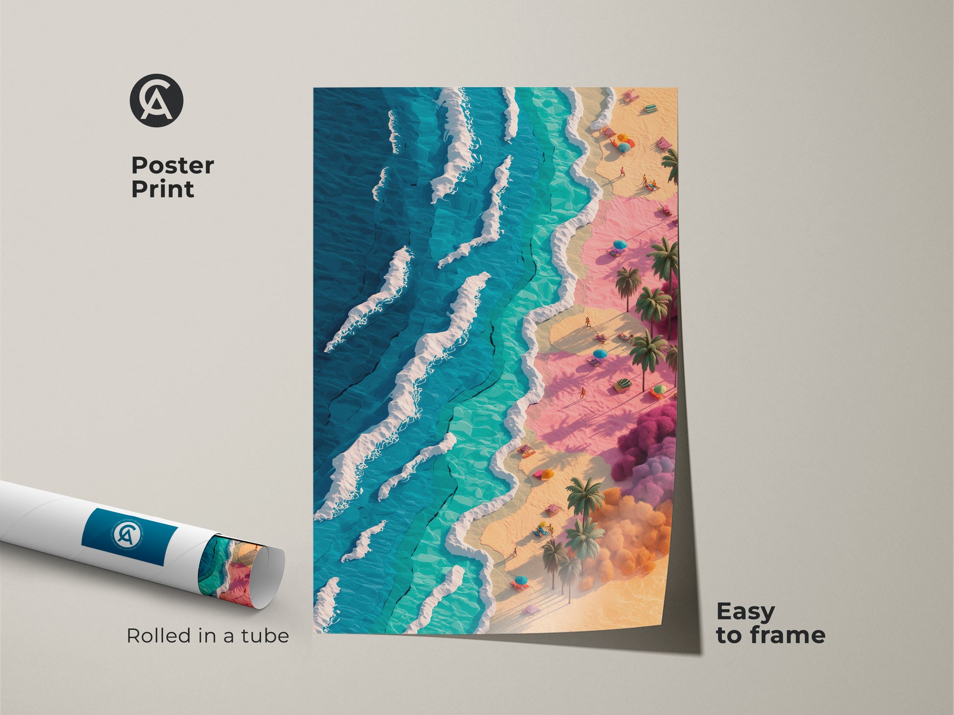 Poster print of a tropical beach. The coastal artwork comes rolled in a tube. It is easy to frame and display. The art features blue ocean pink sand and palm trees.