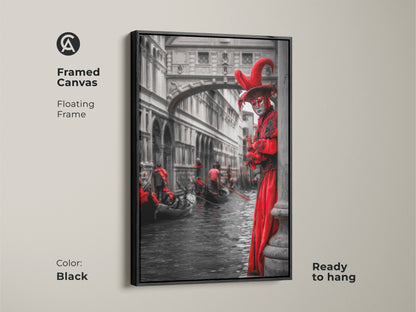 The framed canvas shows the red costume art. It has a floating frame. This theatrical art is ready to hang. Black frame enhances the Venetian scene wall art. It creates a striking eclectic home decor statement.
