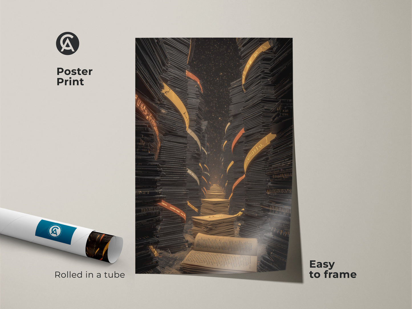 Poster print of a surreal library staircase. The artwork features books and an eclectic black gold orange color scheme. Rolled in a tube easy to frame. Ideal for study room or office wall art.