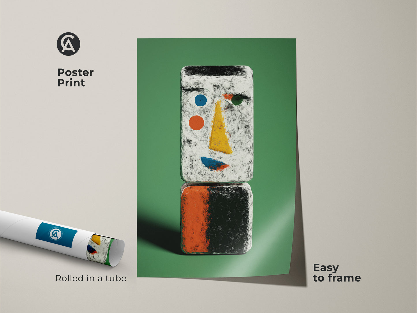Poster print of an abstract figurative print. The green contemporary canvas features minimalist face art. This abstract face poster is easy to frame. It's a unique modern artwork.