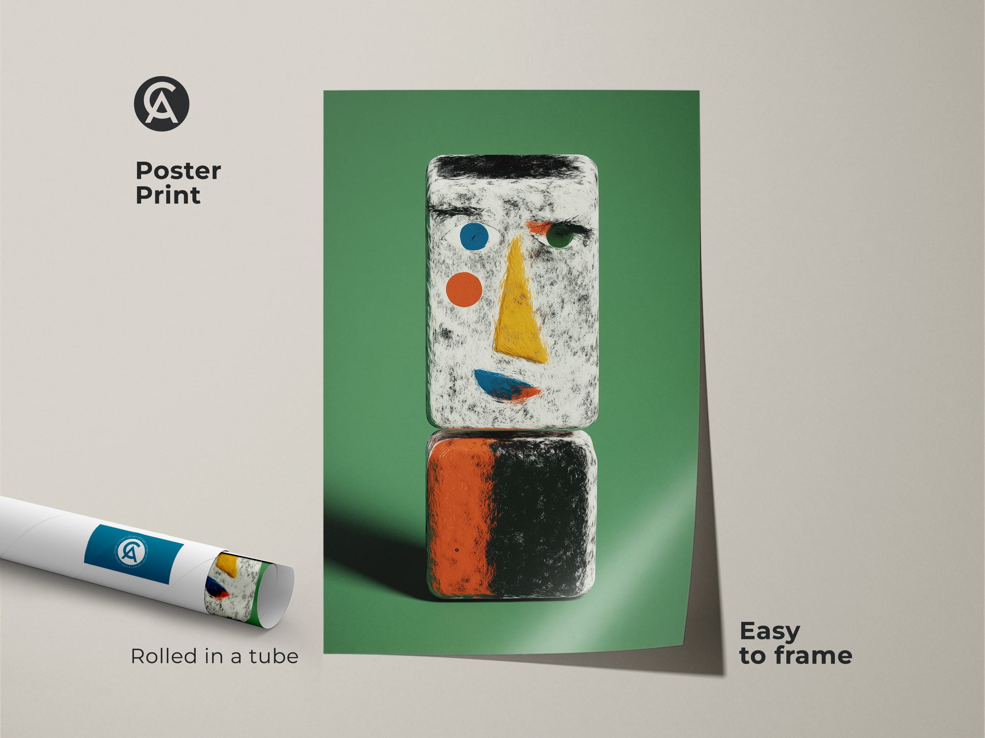 Poster print of an abstract figurative print. The green contemporary canvas features minimalist face art. This abstract face poster is easy to frame. It's a unique modern artwork.
